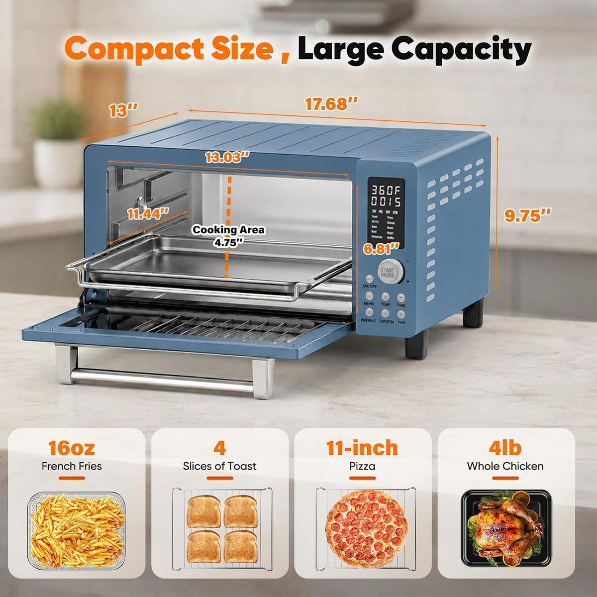 Nuwave Bravo Pro Convection Air Fryer Toaster Oven Combo, 2025 New and Improved, 10-in-1, 50°-450°F Temp Controls, Quick & Even Crisp Technology, 21Qt Capacity, Cozy Blue, PFAS Free