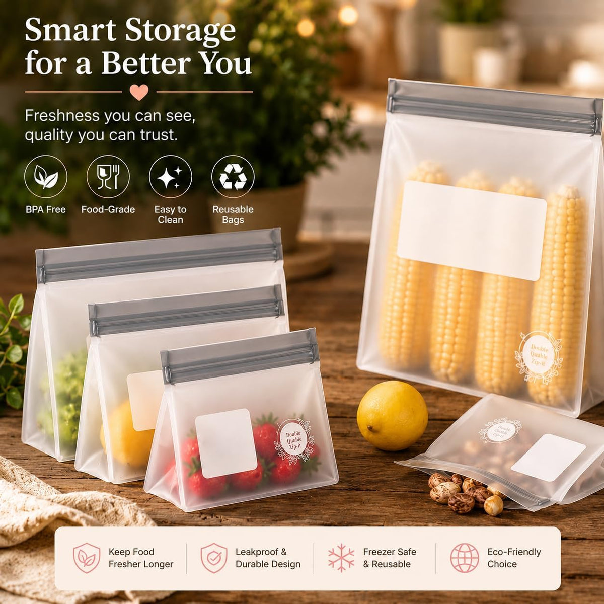 Reusable Silicone Food Storage Bags – 10-Pack Stand-Up, BPA-Free, Freezer, Dishwasher Safe & Eco-Friendly – 5 Gl, 5 L Bags – Airtight Leakproof Silicone Ziplock Bags for Kitchen Storage (Grey)