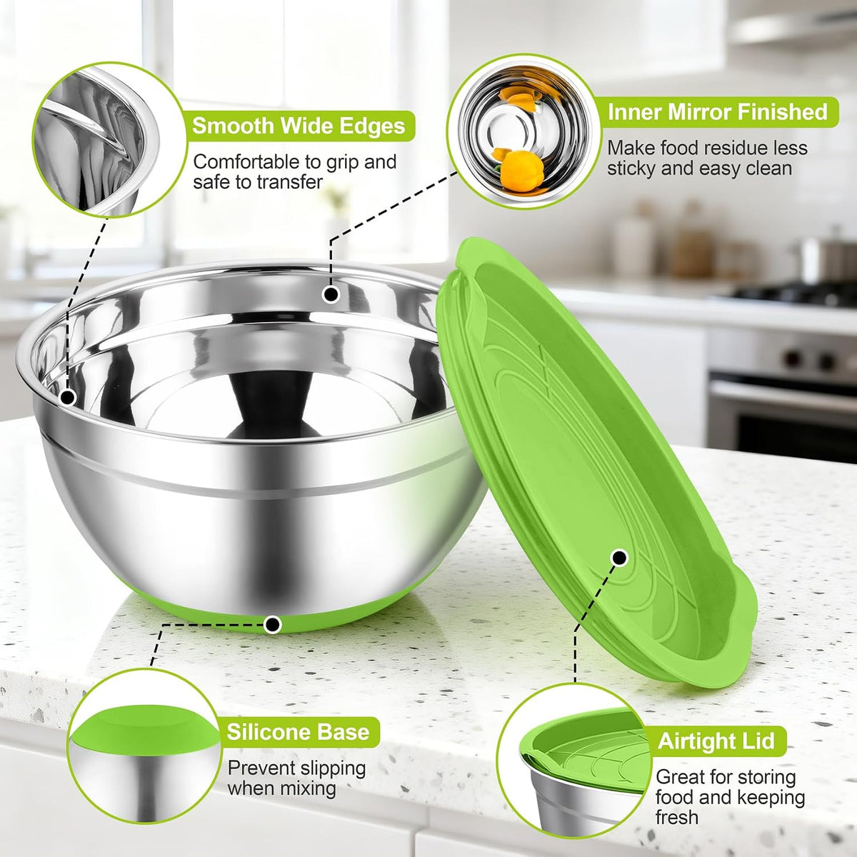 TeamFar Mixing Bowls, Stainless Steel Salad Bowls with Lids - Colorful | Nesting Bowls with Non-slip Bottom, for Kitchen Baking Preparing Serving, Stackable &amp; 6PCS - 4.6 /2.6 /2 / 1.5 /1 / 0.7 Qt