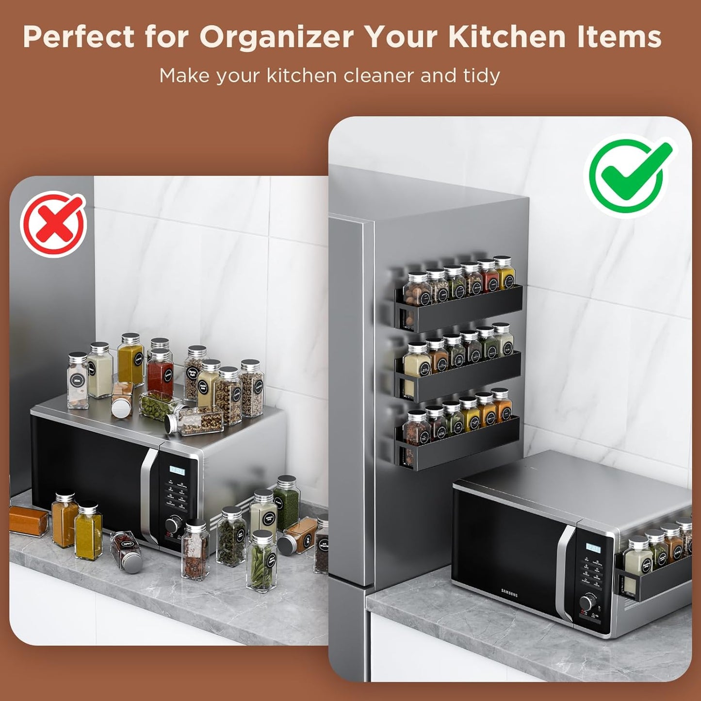 2 Pack Magnetic Spice Rack with 12 Spice Jars, Spice Labels, Magnetic Spice Organizer Shelf for Refrigerator, Microwave