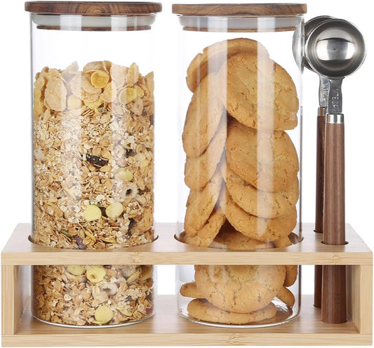 KKC HOME ACCENTS Clear Glass Food Storage Canisters with Airtight Wooden Lids and Scoops,Air Tight Sealed Glass Canisters