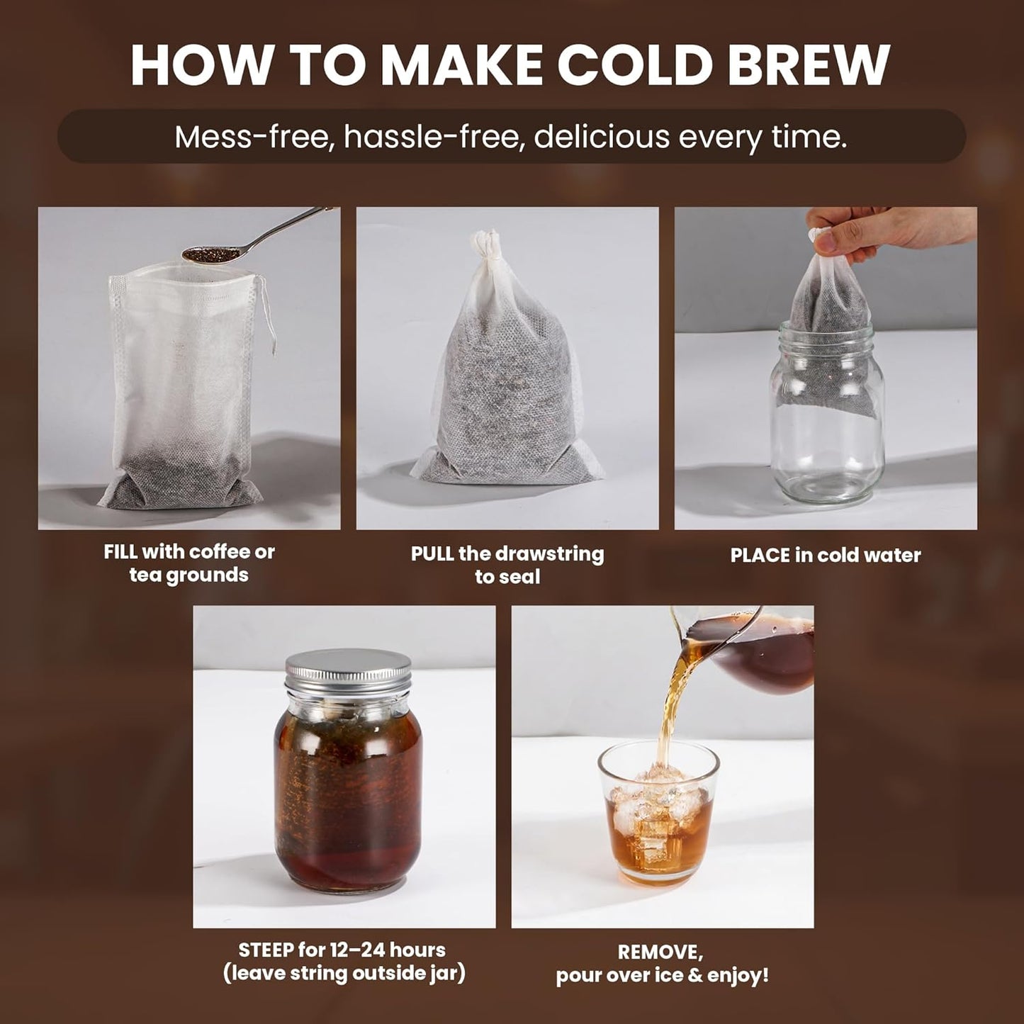 Cold Brew Bags, 120 Count Brew Coffee Filter Bags, 4x6 Inch | Disposable Fine Mesh Drawstring Pouches, Fits Mason Jars &amp; French Press, Ideal for Cold Brew, Coffee, Tea, Herbs &amp; Spices
