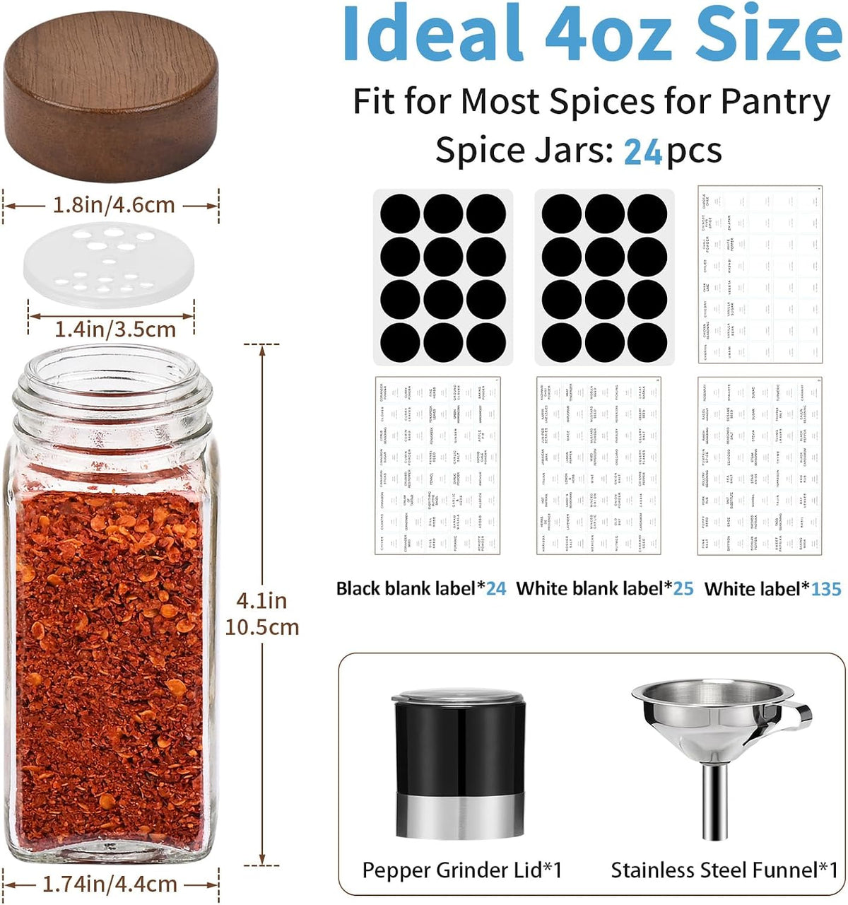 Yangbaga Glass Spice Jars with Labels, 24pcs 4oz Seasoning Jars with 2 Rack