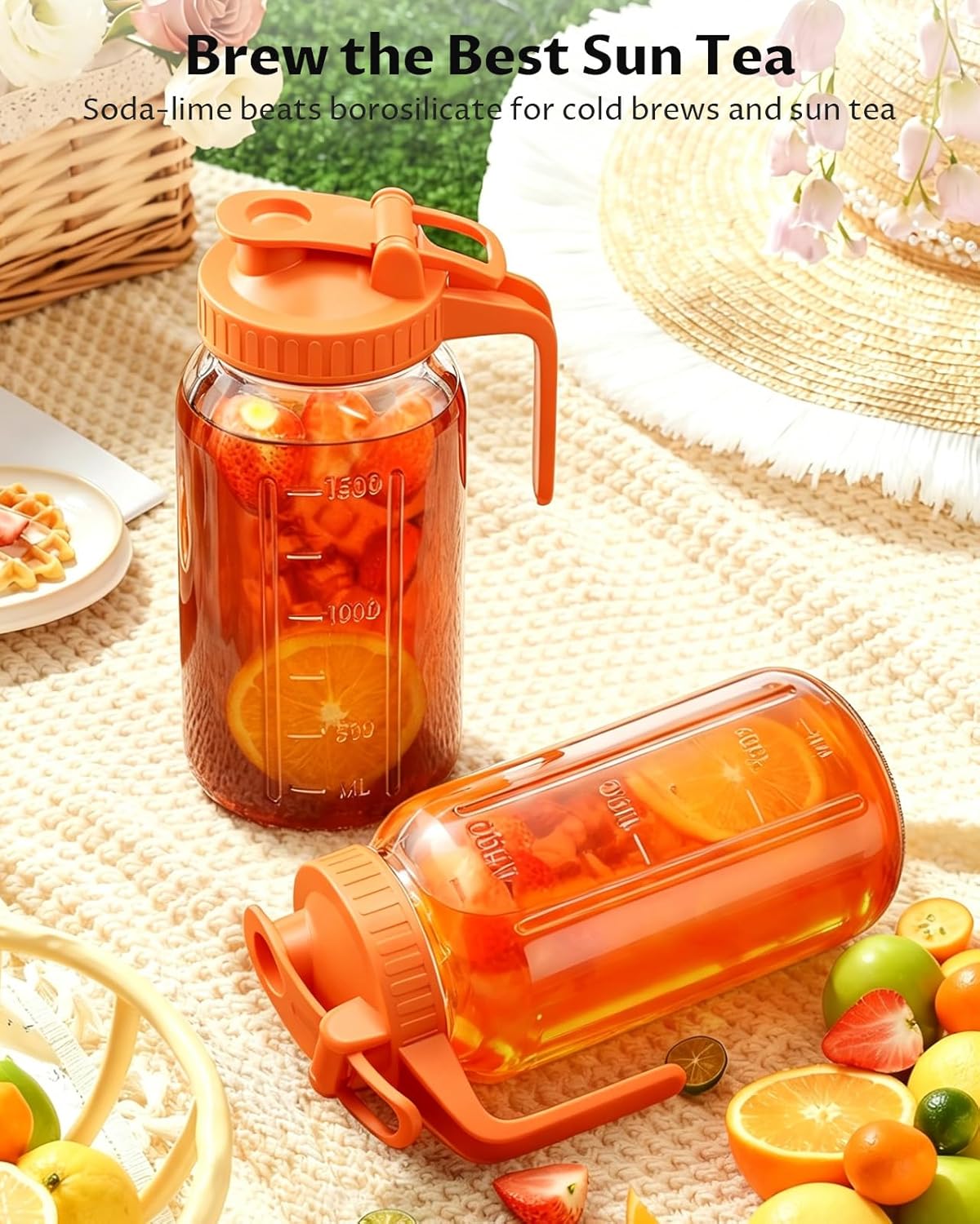 64oz (2quart) Mason Jar Pitcher, Glass Pitcher with Lid for Tea &amp; Cold Brew | BPA Free, Leakproof, Fridge/ Dishwasher safe, Ergonomic handle, Flip-cap pour spout, Wide mouth, Versatile