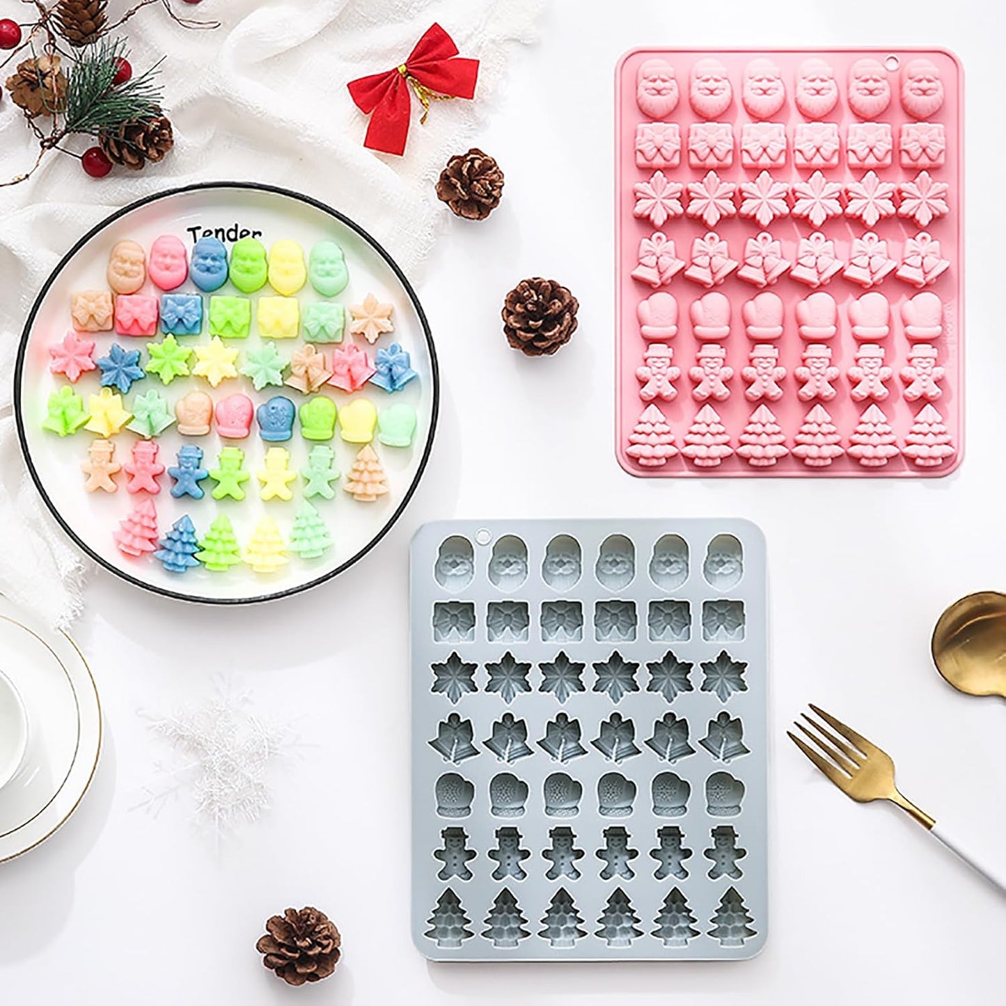 2 Pcs Christmas Chocolate Molds, 42-Cavity Silicone Molds Shape Have Santa Clause Christmas Tree Snowflakes Gingerbread Man Bell Gift Box Gloves for Jellies, Candies, Ice Cubes, Wax Melts, Soaps