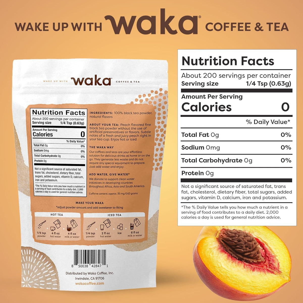 Waka Instant Black Tea Mix, Peach Flavored, Sugar-Free, 4.5 oz | Naturally Flavored, Unsweetened Concentrated Black Tea Powder, Makes up to 200 Hot or Iced Cups
