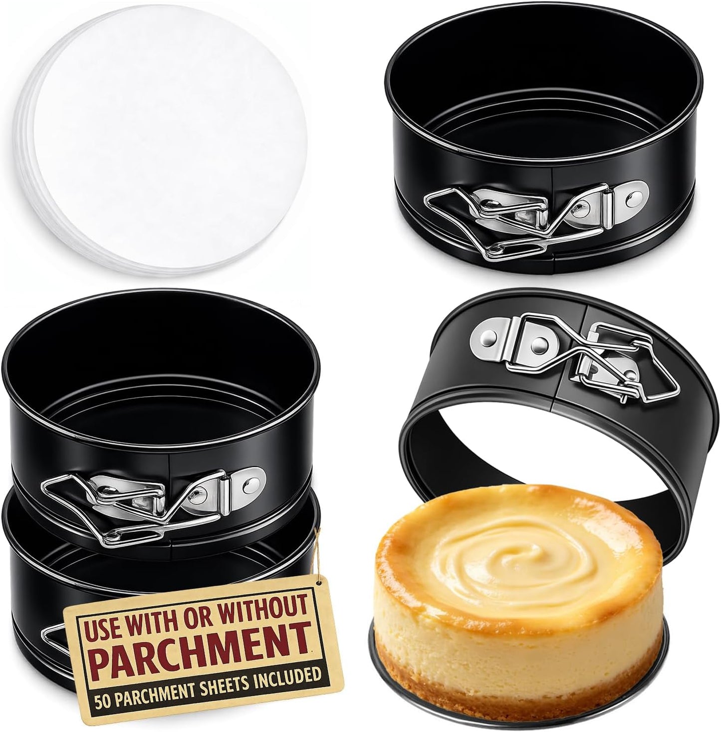 4 Pack Small Springform Cheesecakes Pan 4 Inch Mini 50Pcs Parchment Paper | Carbon Steel Cake Round Tins Leakproof Nonstick Removable Bottom Bakeware for Pie Pizzas and Quiches Baking Mold Set