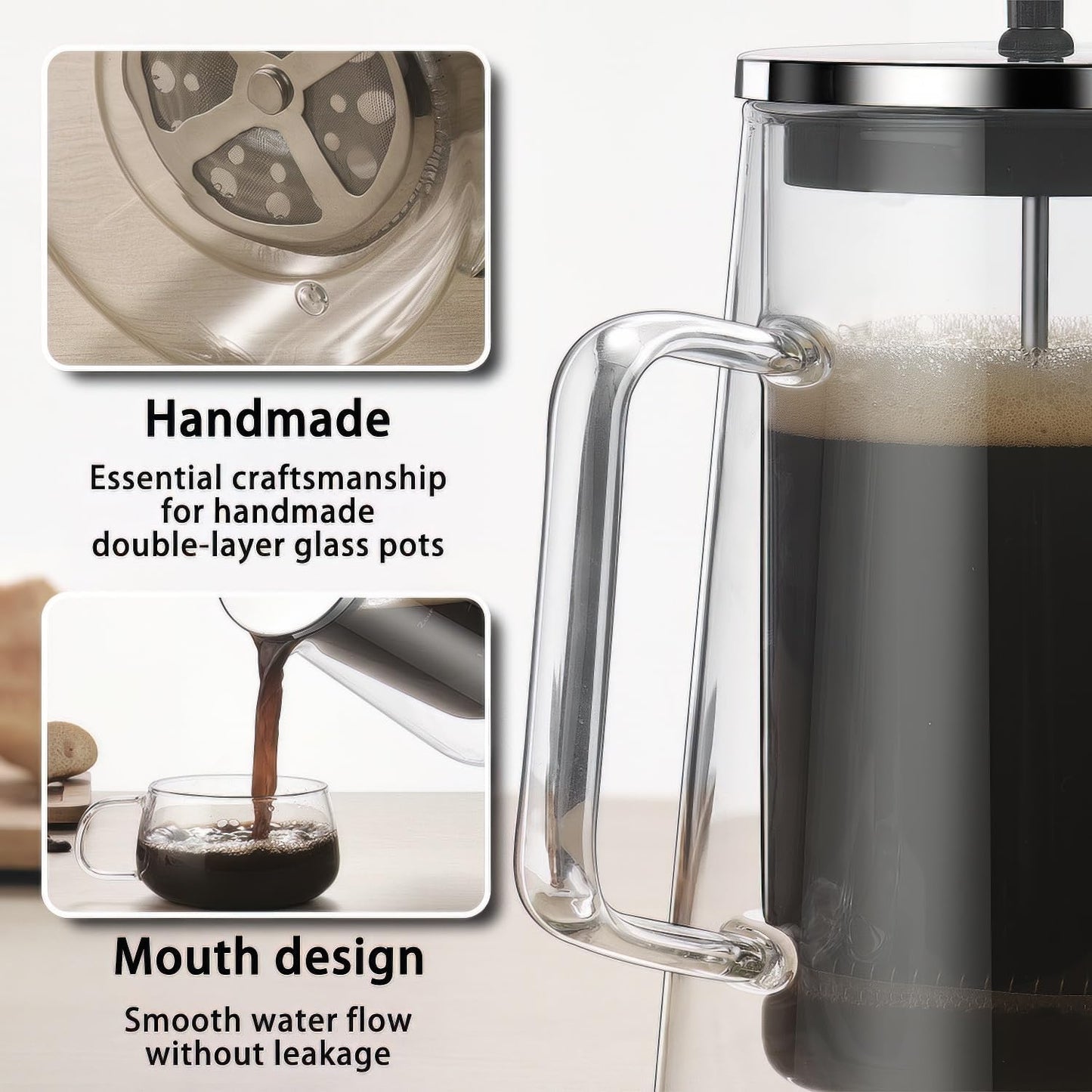 French Press Coffee Maker 34Oz - Double-Wall Insulated Borosilicate Glass - Ergonomic Handle - Coffee Gift - Tea &amp; Coffee Press