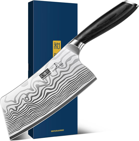 Cleaver Knife 7 Inch, Razor Sharp High Carbon Powder Steel Meat Cleaver, Professional Butcher Chopper Kitchen Knife for Meat