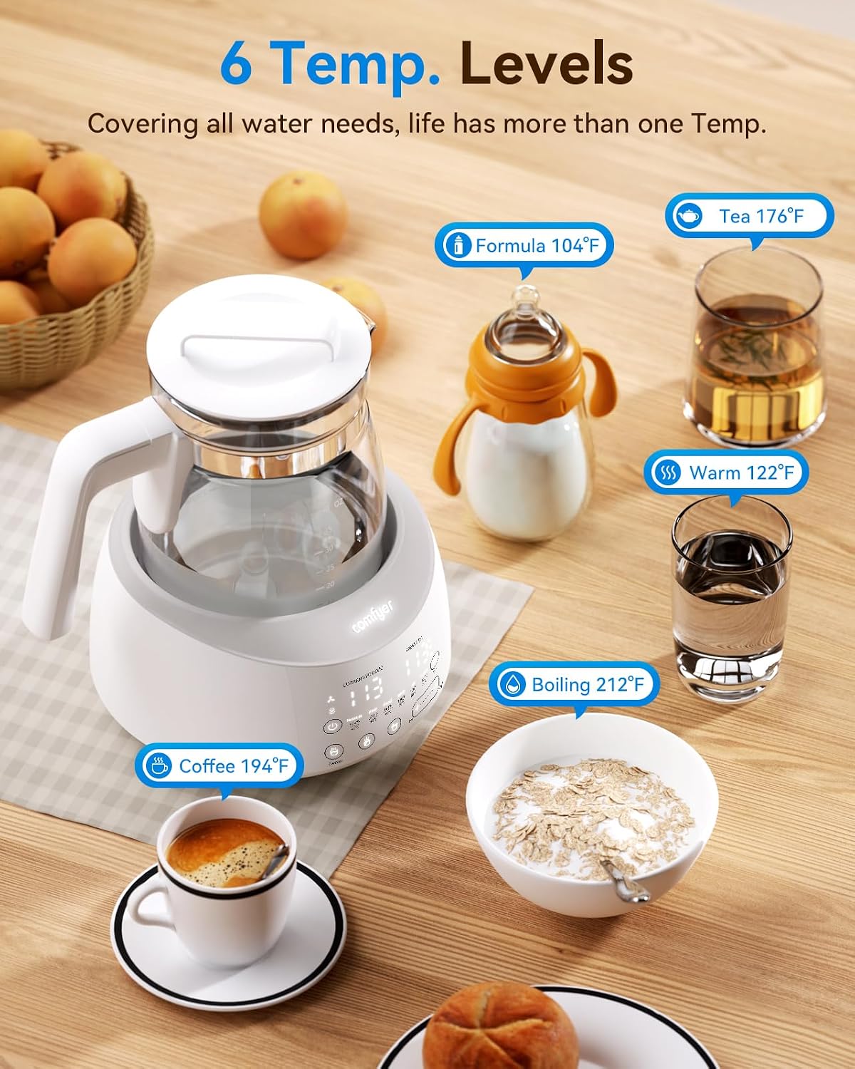 comfyer BK01 Bottle Warmer, Baby Bottle Warmer with Night Light &amp; Faster Cooling Fan, Instantly Water Warmer, Tea Kettle Electric with 6 Temperature Control Presets, Feed Baby More Easier &amp; Healthier