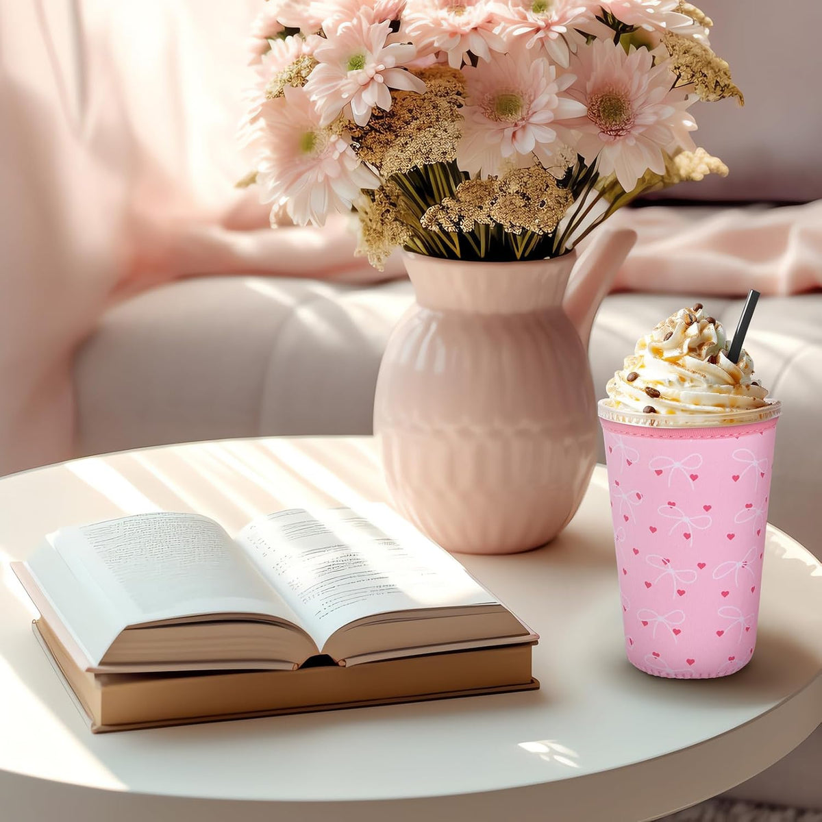Silifine 8 Pcs Pink Bow Iced Coffee Sleeve Reusable Neoprene Insulatord Cup Sleeve Coquette Bow Reusable Coffee Insulator Sleeves Holder for Cold Beverages Cups Cold and Hot Drinks, 22-24 oz