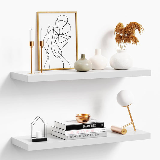Floating Shelves for Wall, White Wood Wall Shelf Set of 2, 24" Wall Mounted Floating Shelf for Kitchen, Living Room,