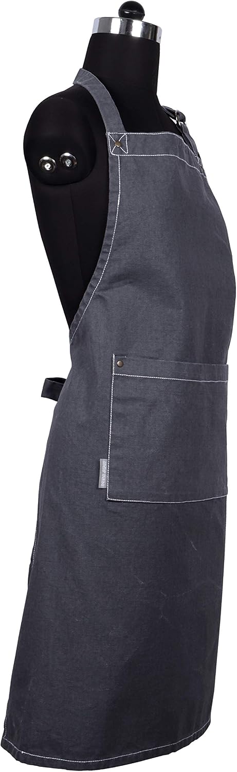 Cotton Solid Aprons for Women with Pocket, Adjustable Strap and Waist Ties Washed Chef Aprons for Cooking, Baking and Gardening (27.5 x 33 Inches - Gray)