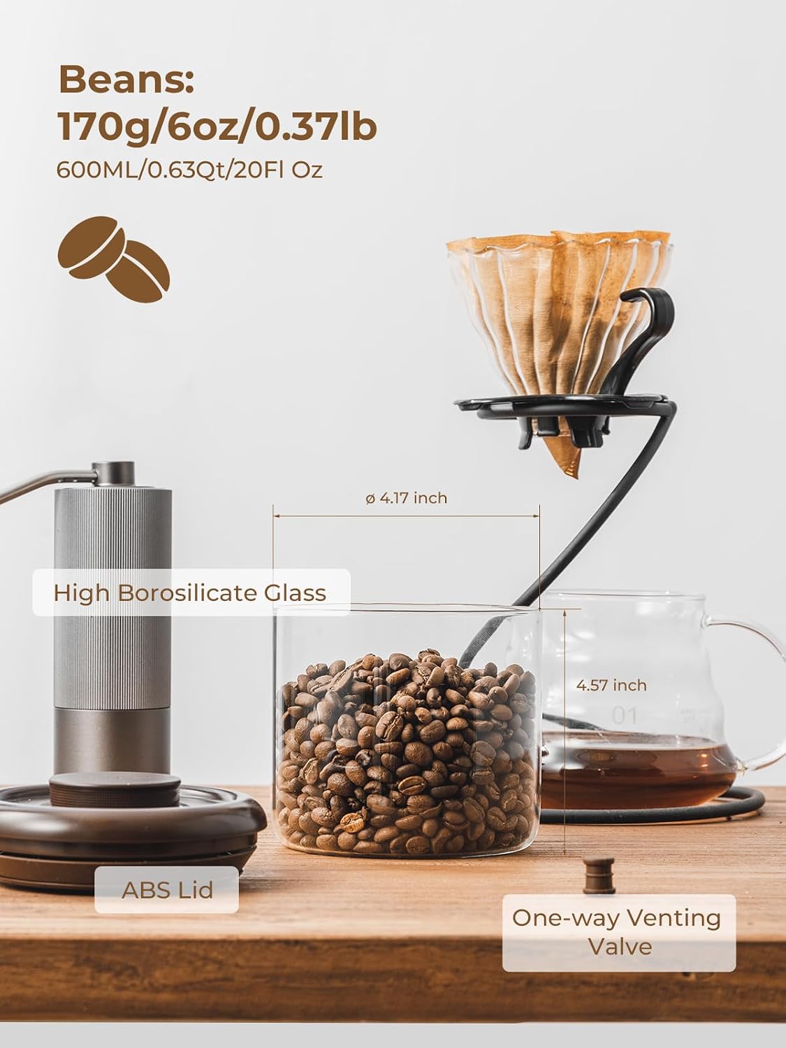 7 oz Coffee Canister, Clear Glass Jar with Airtight Pop Lid and CO₂ Valve | Small-Batch Storage for Daily Beans, Decaf, Espresso Blends and Specialty Roasts, Designed for Counters, Offices and Kitchens