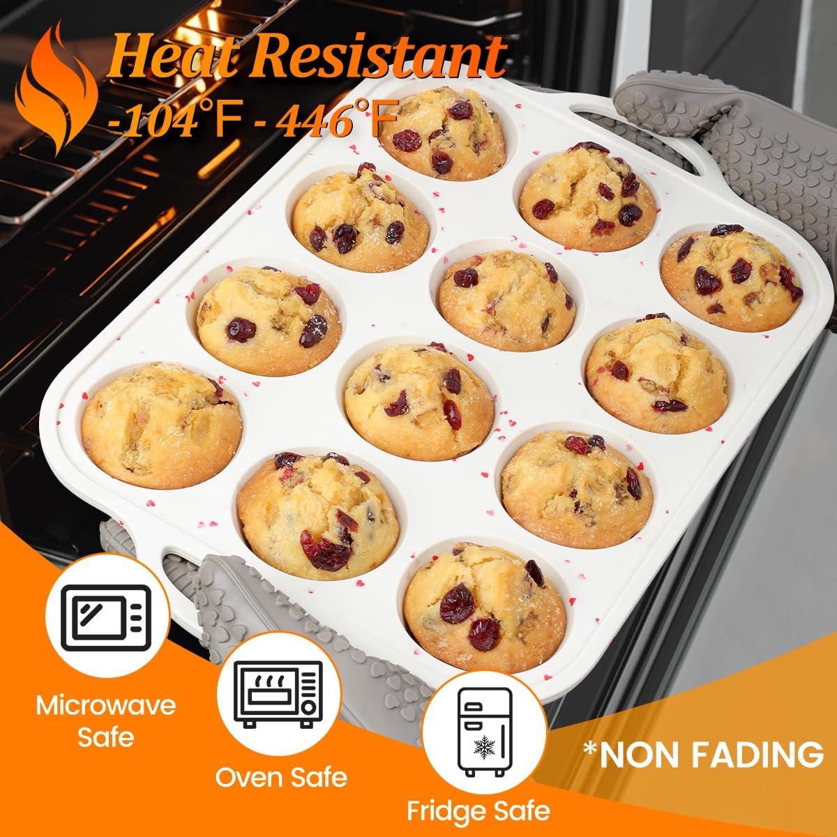 CAKETIME Silicone Muffin Pan, Metal Reinforced Frame Silicone Cupcake Pan Easy to Handle 12 Cups for Valentine's Day Baking Nonstick Regular Size Muffin Tin 1 Pack Love Heart