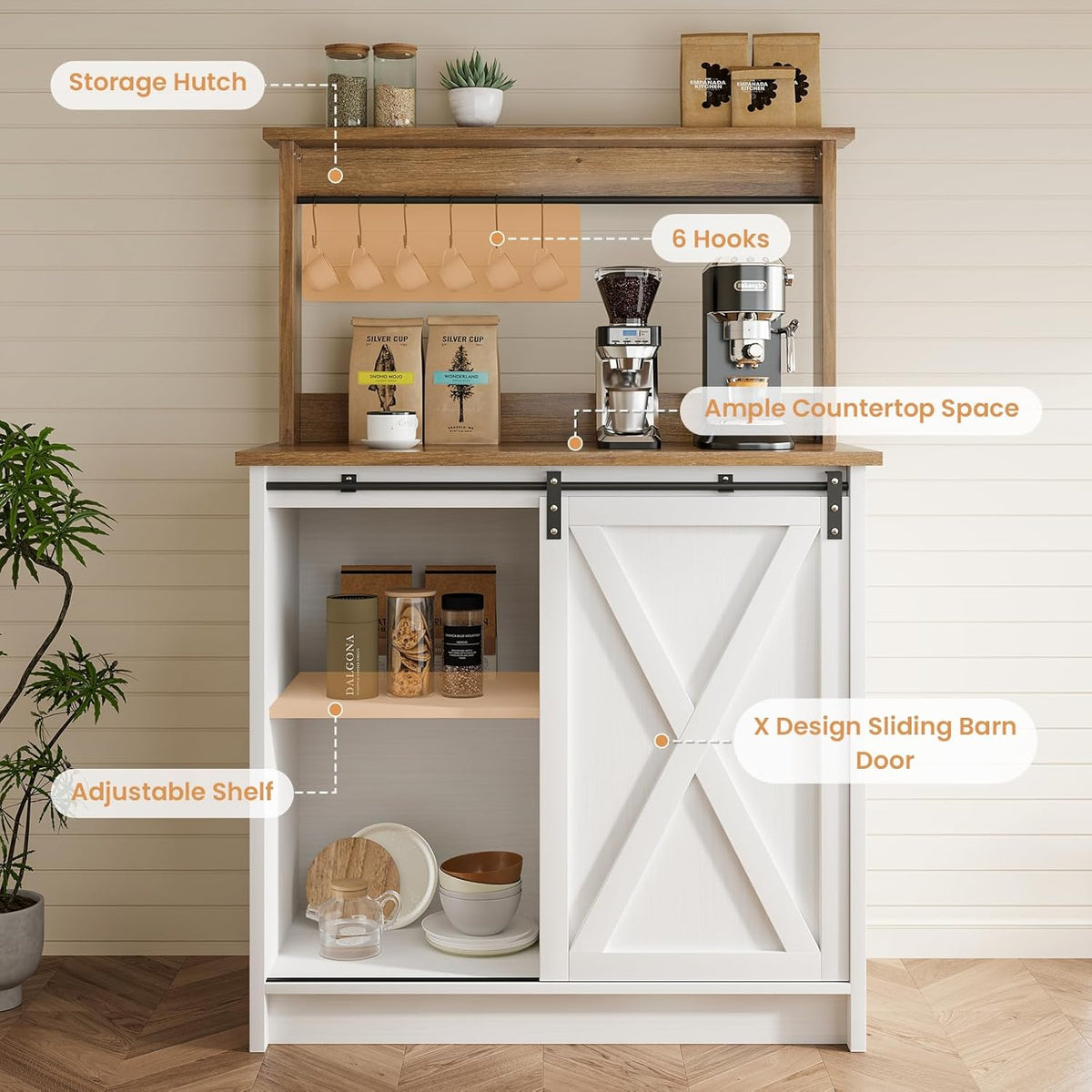 4ever2buy 31" Farmhouse Coffee Bar Cabinet with Storage Hutch, White