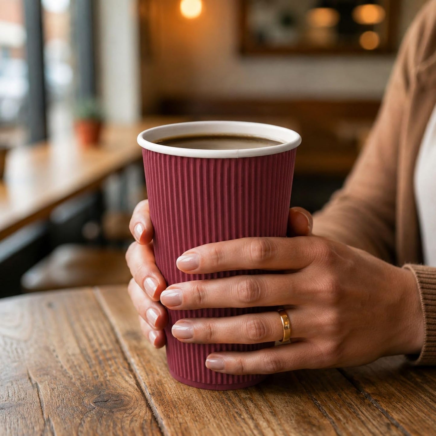 Restaurantware Ripple Wall Coffee Cups 500 Count 16 Ounce Insulated Crimson Paper Cups, Rolled Rim Spill-Resistant Disposable Paper Non-Slip for Coffee, Beverages