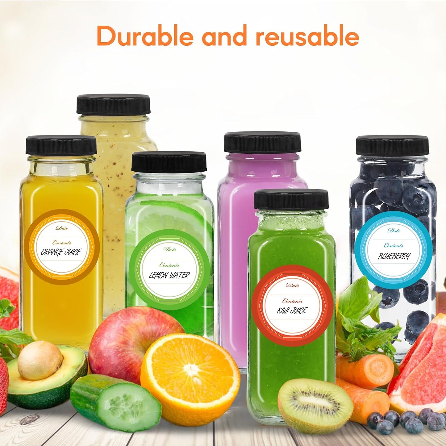 STARSIDE 8oz 3-Pack Glass Juice Bottles with Leak-proof Lids | Square Reusable Drinking Jars for Juicing, Milk, Kombucha - Includes 1 Bottle Brush, 6 Colored Labels