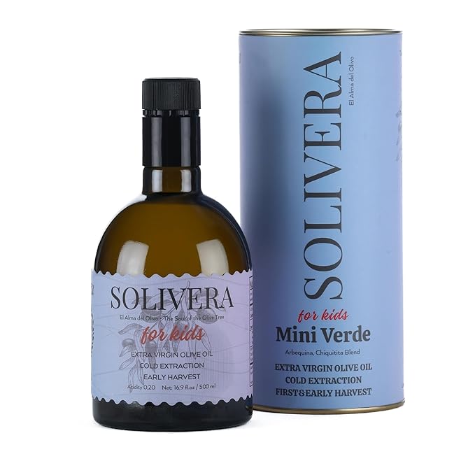 Solivera Mini Verde Extra Virgin Olive Oil Cold Pressed, 300+ High Polyphenols, Baby-Friendly Blend, Smooth & Light, Single-Origin Organic Olive Oil, Hand Picked Early Harvest - 16.8 fl. oz. (Mini Verde)