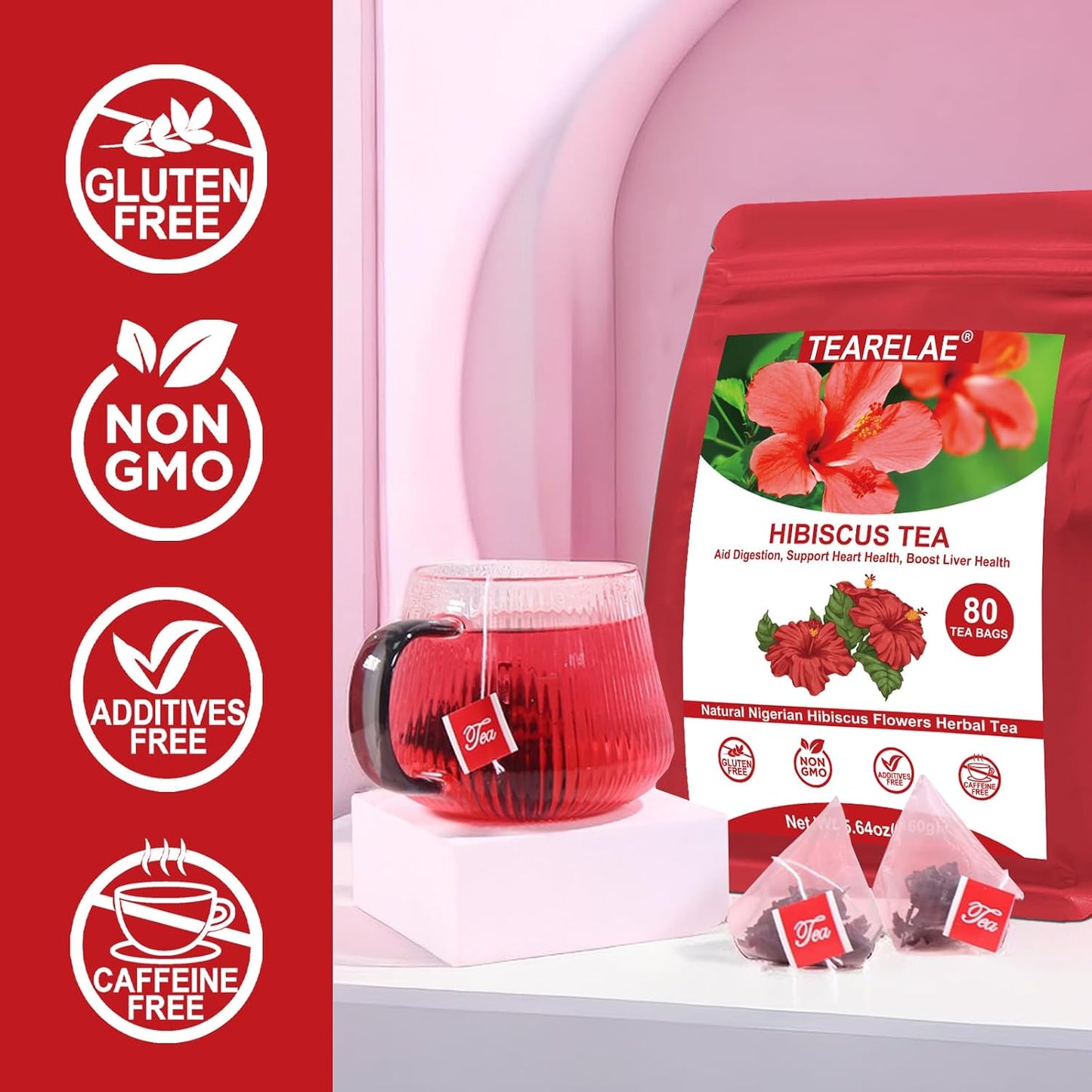 TEARELAE - Hibiscus Tea Bags, 80 Count, 100% Pure Hibiscus Flowers | Country of origin Nigeria, Non-GMO and caffeine-free, aid digestion and support heart health