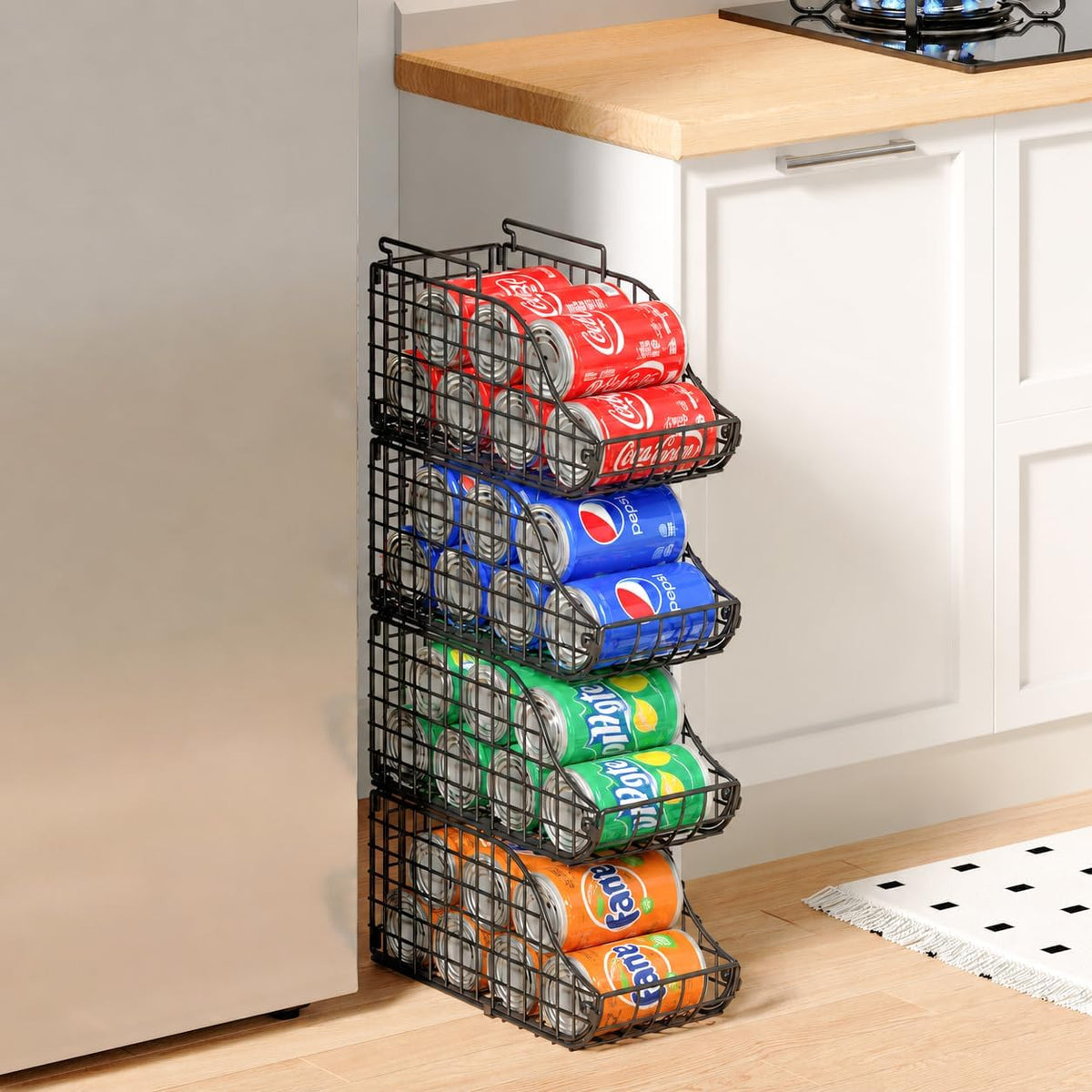 4-Pack Stackable Canned Food Organizer with Handles for Kitchen, Soda Can Organizer for Pantry Shelves, Wire Cabinet Shelf for Can Storage, Foldable Soda Dispenser, Patent Pending, Black