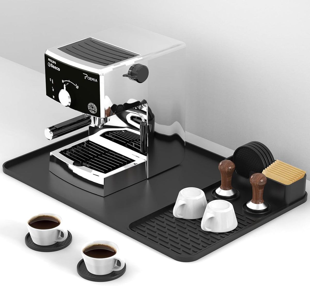 Silicone Coffee Mat with 6 Coasters,24"x16" Counter Bar Mat Fits Under Coffee Maker/Pot &amp; Espresso Machine, Bar Aceessories,Detachable Drying Pad for Tamper,Sugar Packets,Cups &amp; Countertop Protection