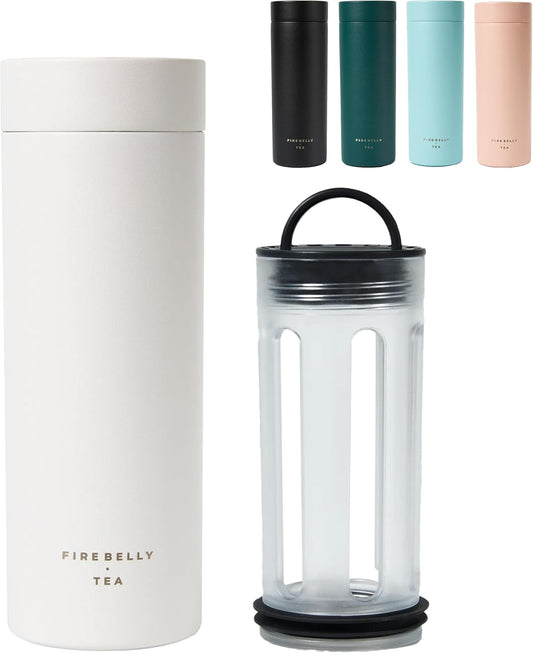 Firebelly Tea, Travel Tea Infuser Mug with Strainer, Insulated Tumbler for Loose Leaf Tea or Coffee, Leakproof Bottle for