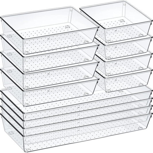 12 Pack Clear Plastic Drawer Organizer Set, Acrylic Non Slip Non Cracking Kitchen Drawer Storage Tray Large Size Divider,