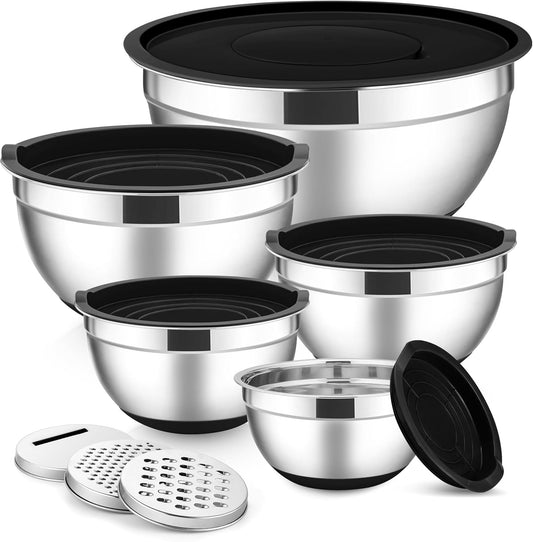 E-far Stainless Steel Mixing Bowls with Lids Set, 5-Piece Nesting Salad Bowls with 3 Grater Attachments and Non-Slip
