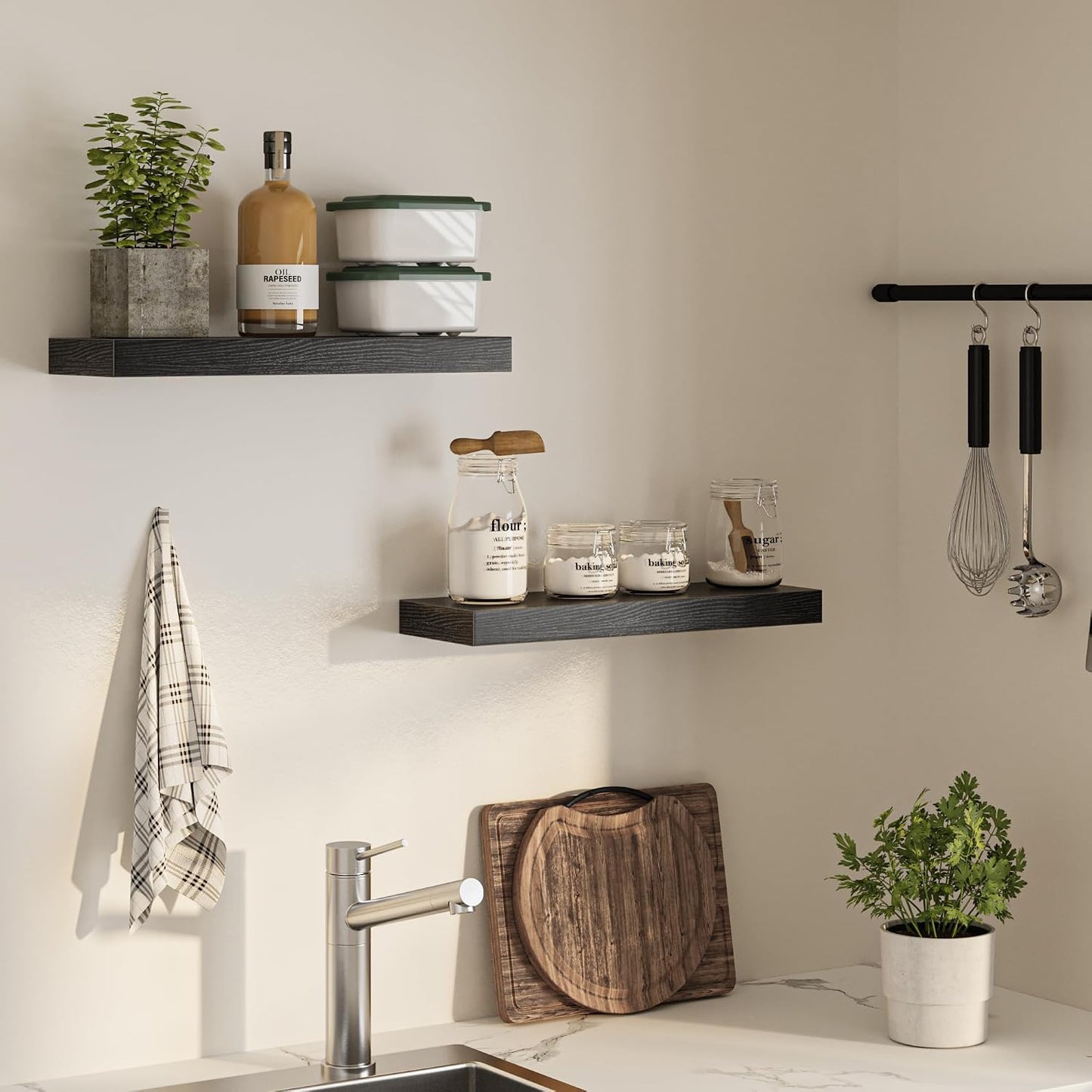 24" Floating Shelves for Wall, Wooden Wall Mounted Shelf, Set of 2, Black