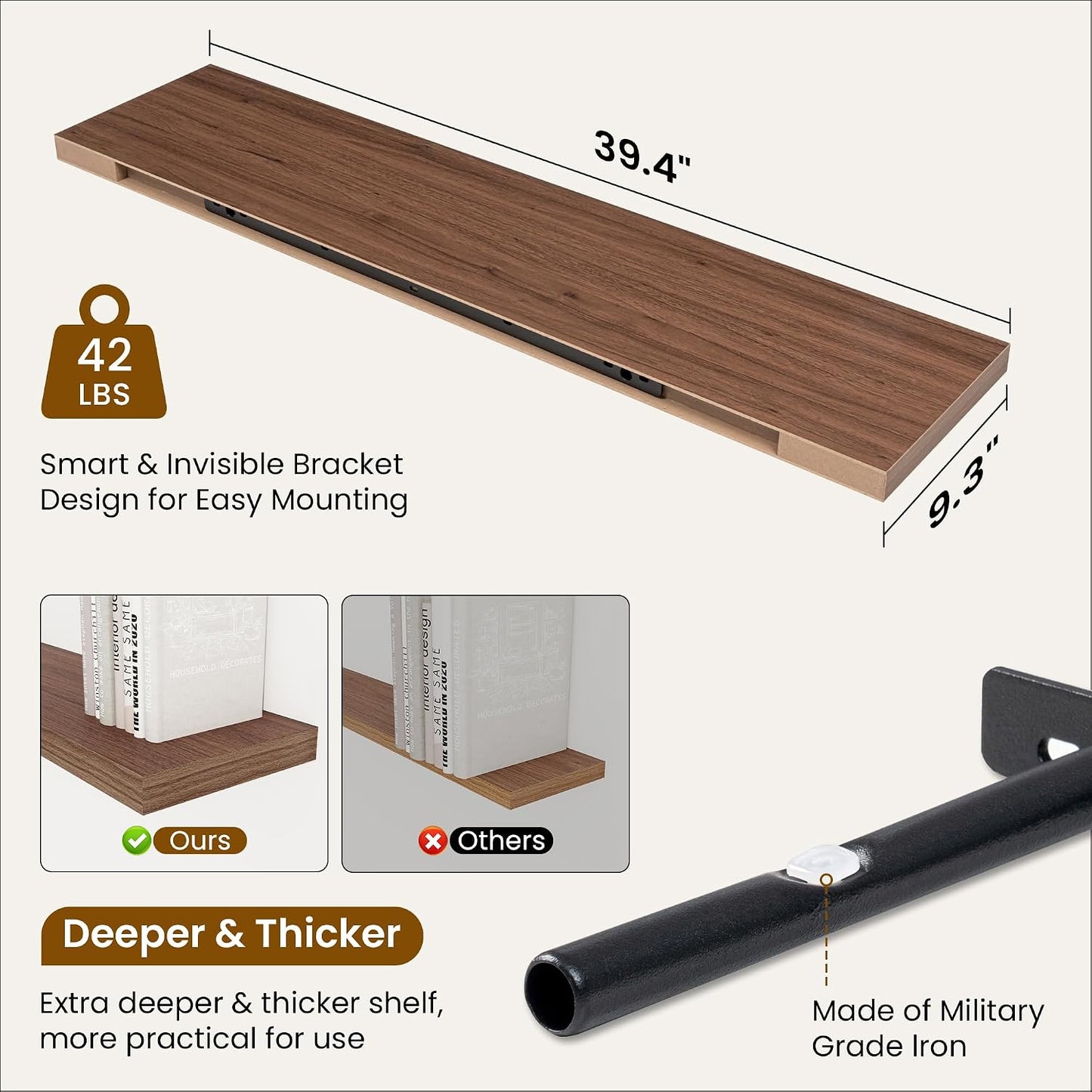 Fun Memories 40 Inch Walnut Floating Shelves, 9.3 Inch Deep Wall Shelves for Living Room|Bedroom|Kitchen, Rusitc Wall Mounted Bathroom Shelves 2 Pack, Heavy-Duty Deep Shelf for Books，Decor