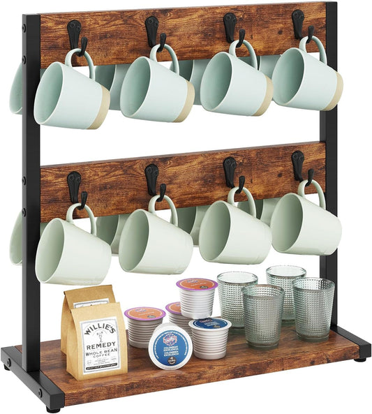 IBUYKE Wood Coffee Mug Holder for Countertop,16 Hook Mug Tree Holder Rack with Storage Base,Mug Display Organizer,Mug