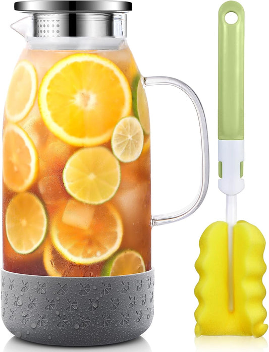 Glass Pitcher with Lid, ZBUFAN 68oz/2 Liter Glass Water Pitcher with Handle and Lid, Anti-Slip Base Juice Jug for Ice Tea,