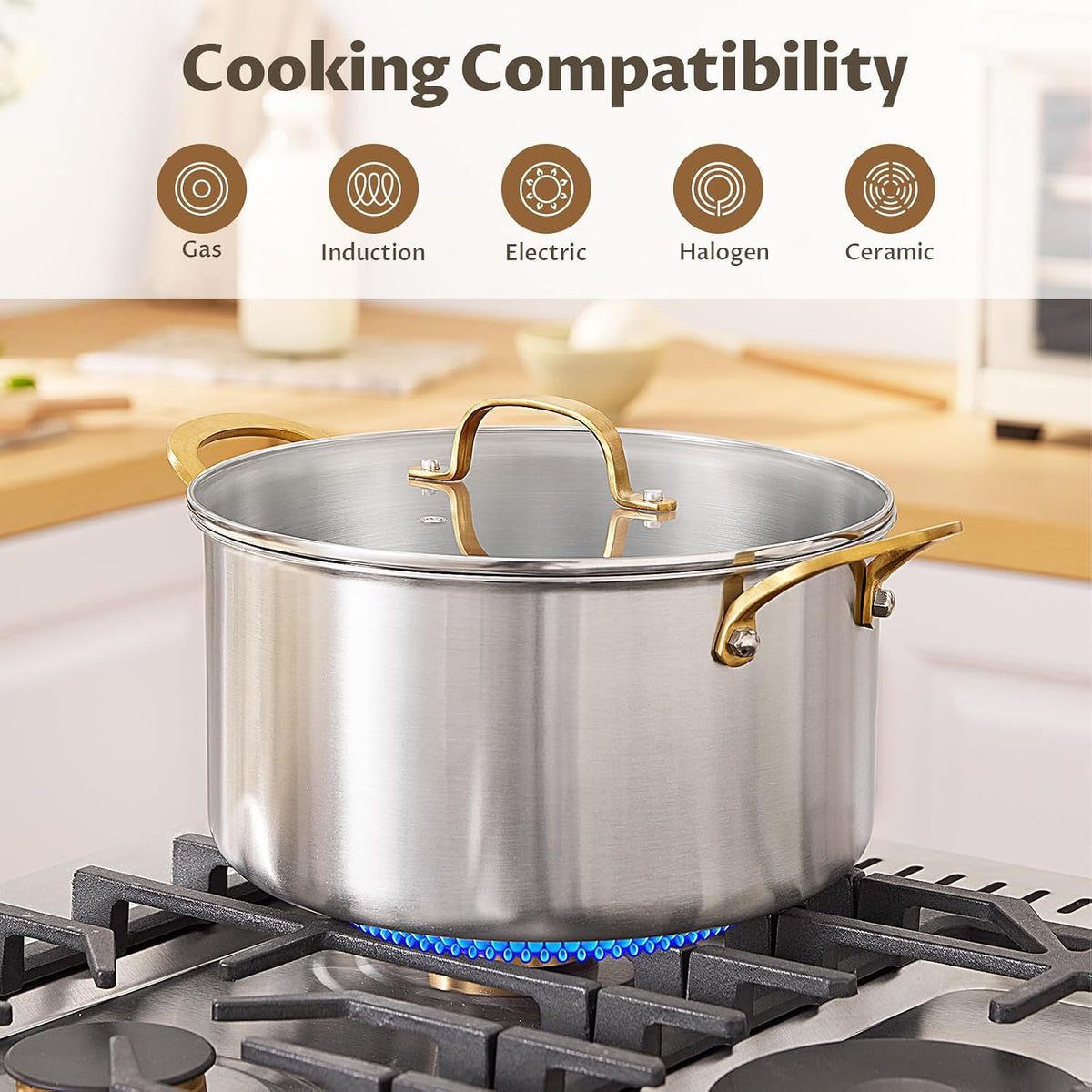 BEZIA 6 Quart Tri-Ply Stainless Steel Stockpot，Even Heat Distribution, Cooking Pot With Sturdy Handles, Oven-Safe Up to 500°F, Compatible with All Cooktops, Perfect for Soups & Stews, Silver