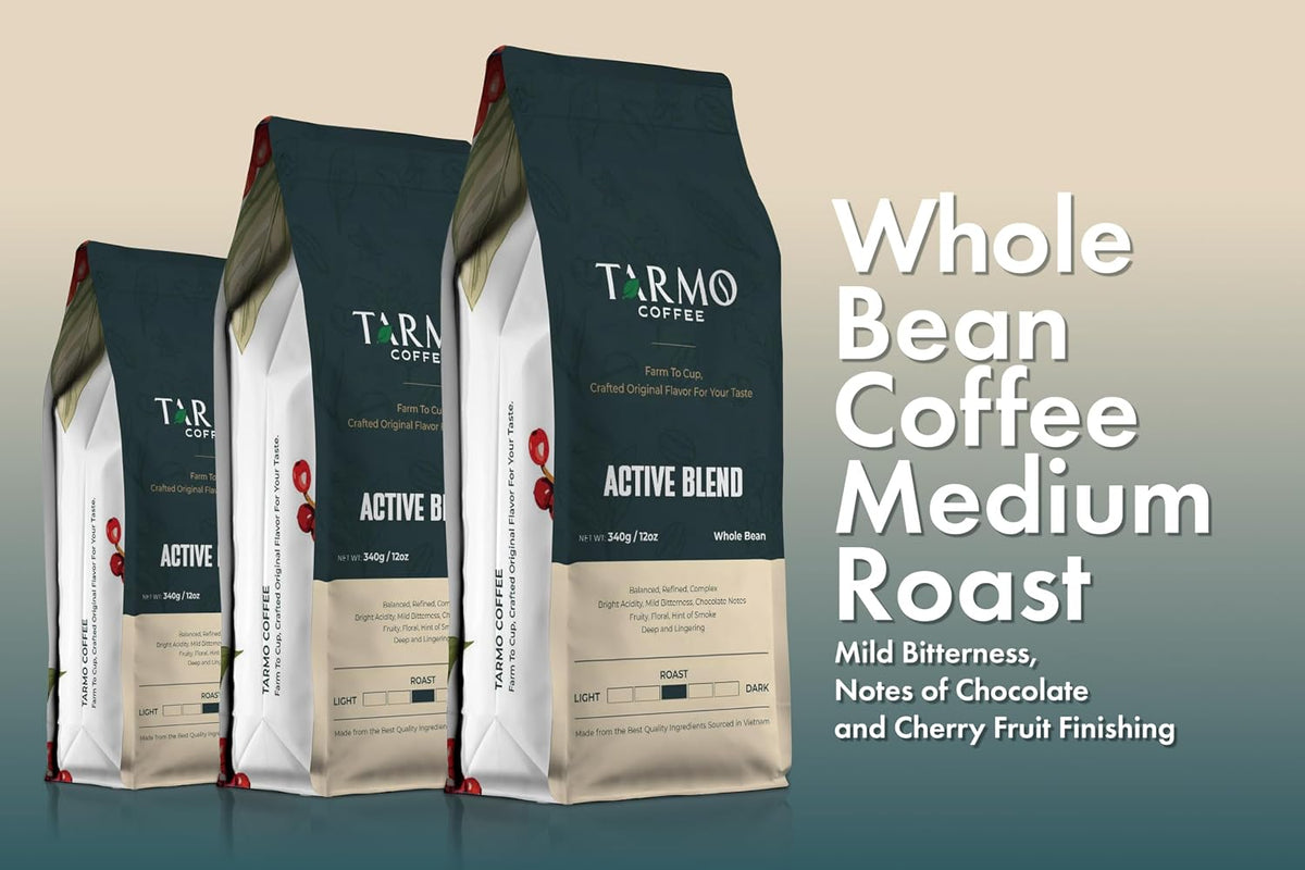 TARMO - ACTIVE BLEND | Low Acid ARABICA &amp; ROBUSTA BLEND Whole Bean Coffee | Specialty Vietnamese Coffee | Single Origin Medium Roast | Premium Espresso Beans, 12 Oz Bag