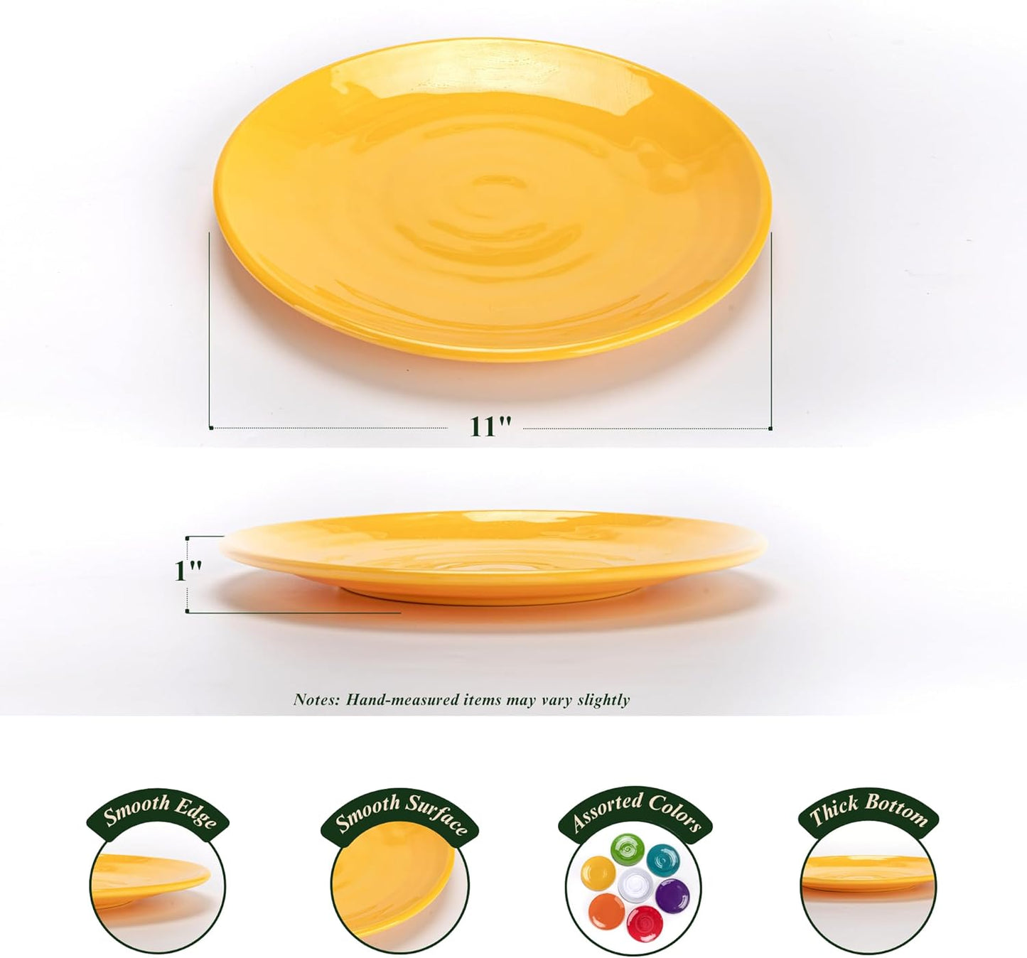 11-Inch Melamine Plates (Set of 6) - Unbreakable and Reusable Plastic Dinnerware with Ceramic Feel, Stackable and Dishwa