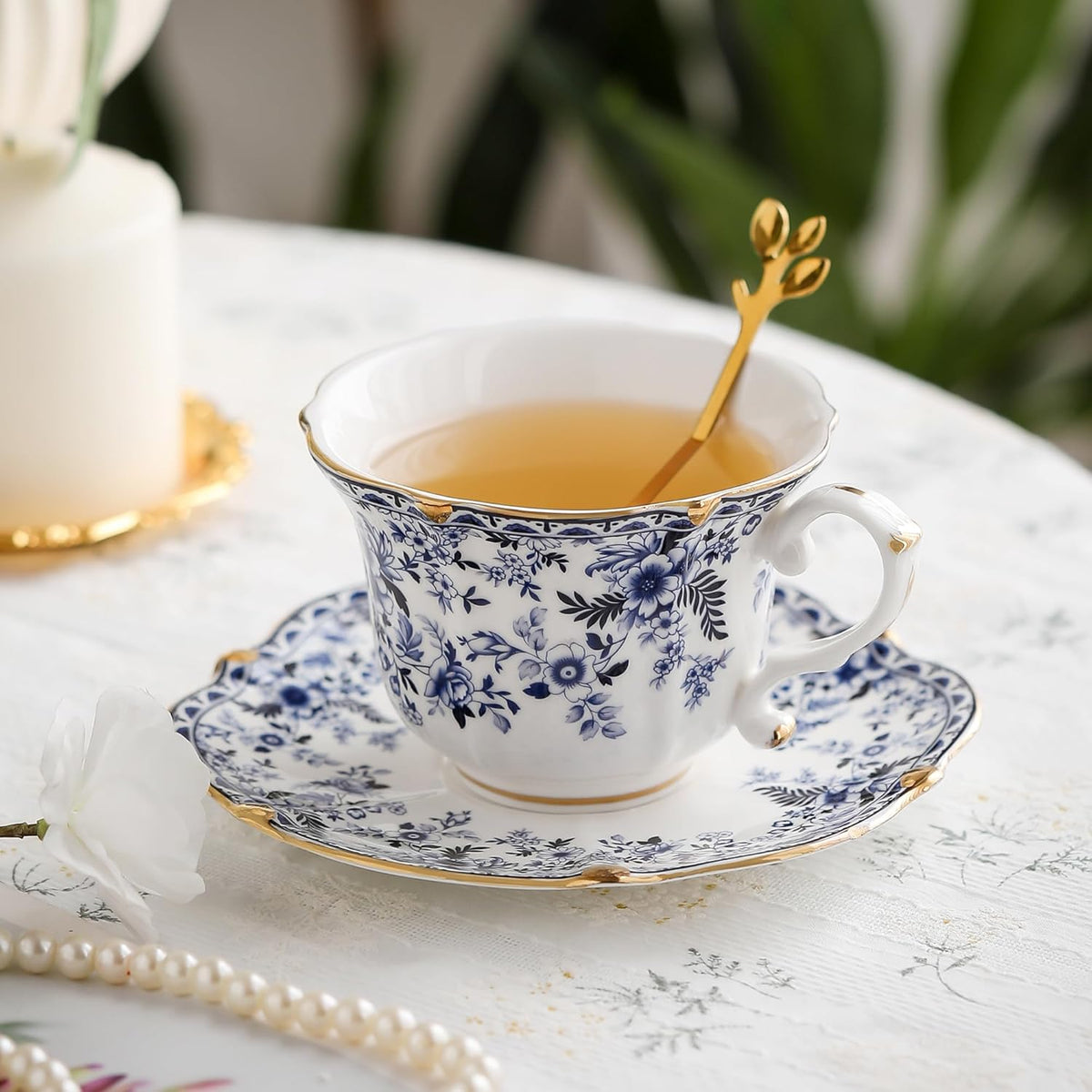 TATSUMI Country Roses Bone China Tea Cup and Saucer Set, 3 Pieces, Vintage Style, For Women and Tea Parties(QH,1 Set)