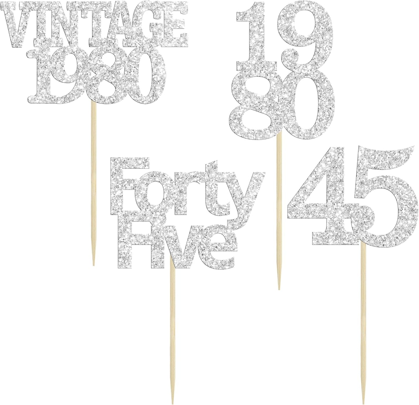 Gyufise 24Pcs 45th Birthday Cupcake Toppers Glitter Cheers to 45 Fabulous Forty Five Vintage 1980 Cupcake Picks 45th Birthday Wedding Anniversary Party Cake Decorations Supplies Silver