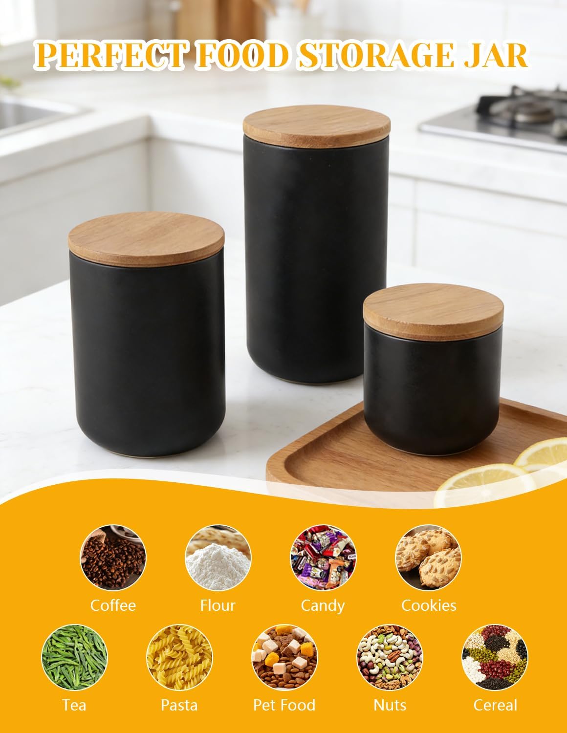 YYW Ceramic Food Storage Containers with Lids, 800ml/27oz Food Storage Jar | Black Kitchen Storage Containers, Good for Flour, Coffee Bean, Sugar, Tea, Spices and More, Home Decor