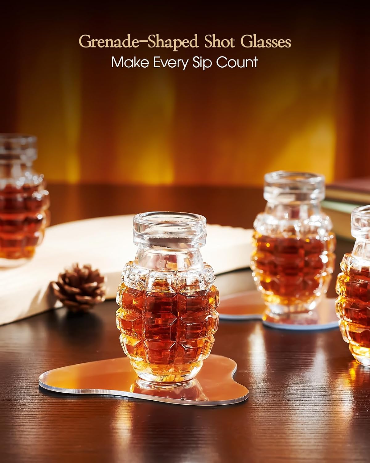 Kollea Grenade Shaped Shot Glass Set, 4 Pcs 3.7 Oz Heavy-Base Cups | Thick Lead-Free Glass for Whiskey, Grenade Design, Tequila, Vodka, Liquor, Gifts for Men, Dad, Boyfriend, Party Cave Decor