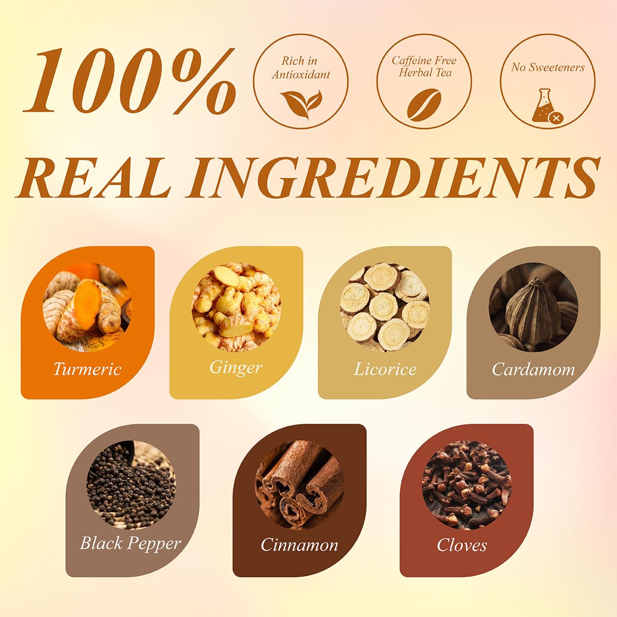 WT WEETEE Turmeric Chai Tea Bags 100 Count, Caffeine-Free Ginger Spiced Tea | Warming &amp; Spicy Spice Herbal Blend with Real Cinnamon, Cardamom &amp; Black Pepper | Smooth, Balanced &amp; Naturally Sweet