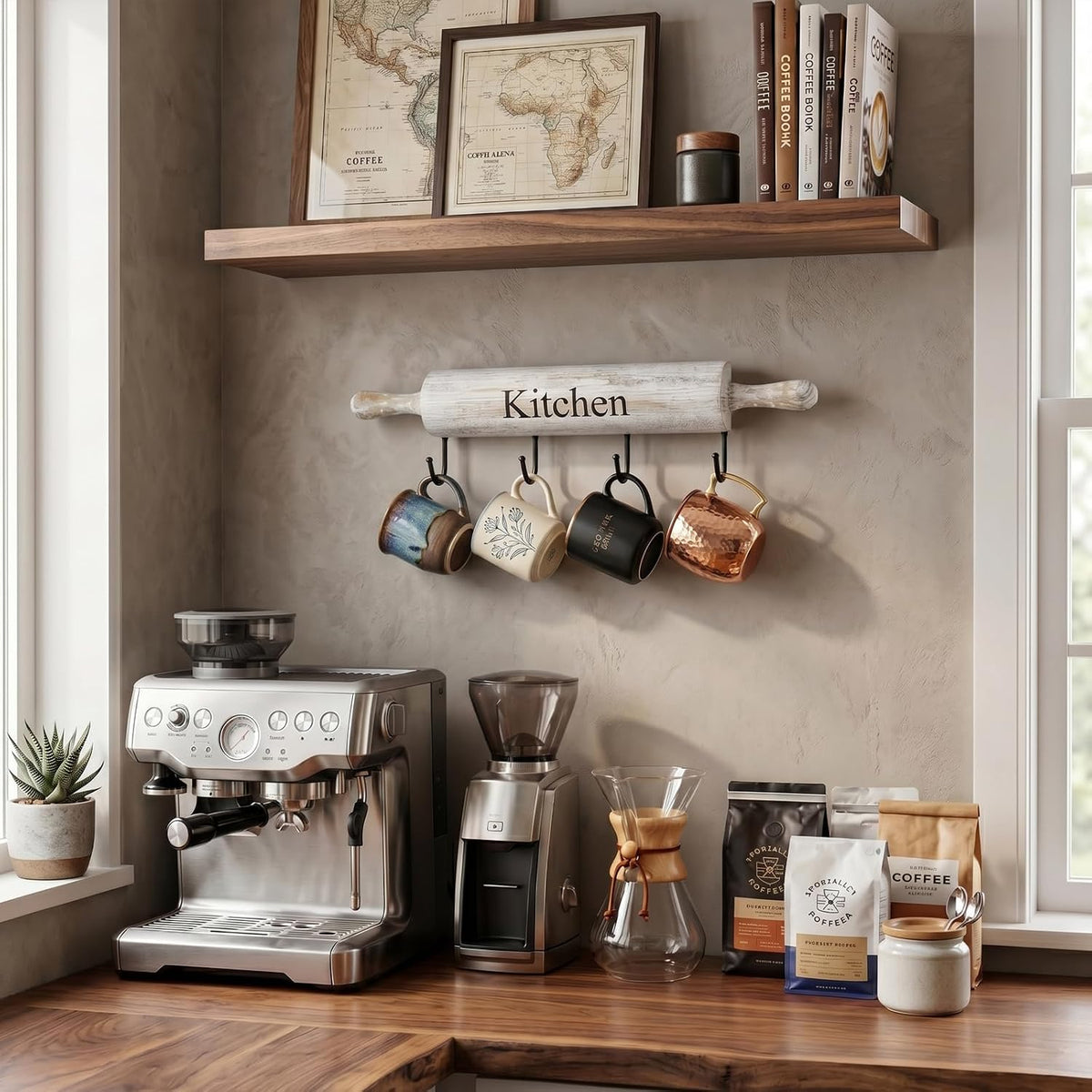 MyGift White Washed Wood Kitchen Utensil Rack with 4 Hooks, Wall Mounted
