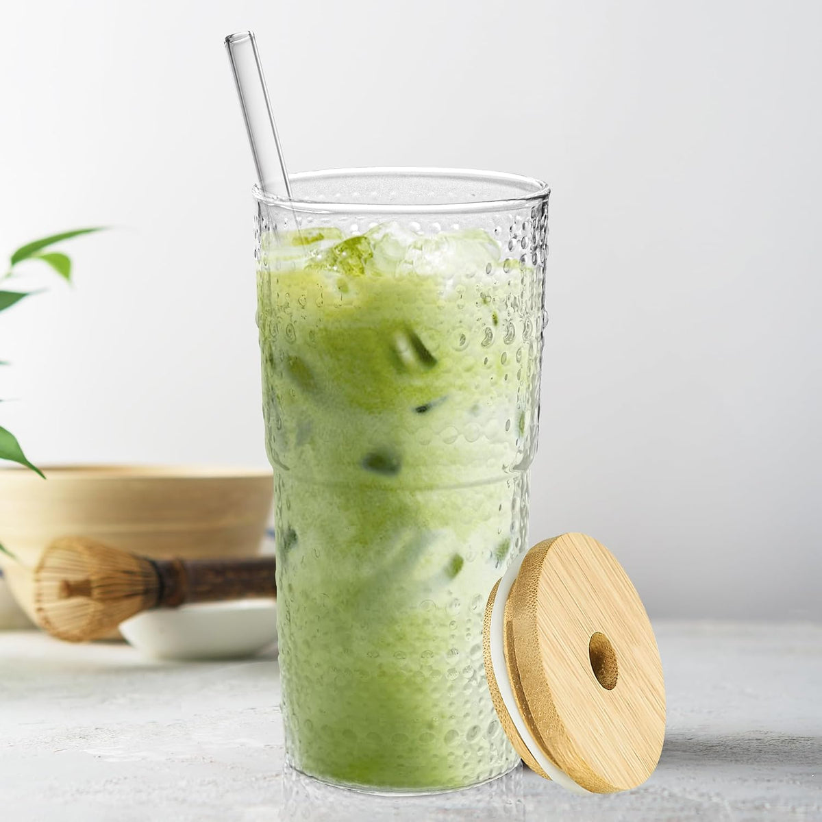 4 Pack 20oz Hobnail Drinking Glasses with Bamboo Lids and Glass Straw