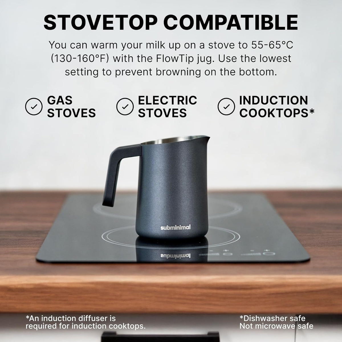 Subminimal FlowTip Milk Jug | Stovetop Milk Frothing, Foaming Pitcher for Premium Barista-Style Coffee at Home | Cappuccino & Latte Art Pouring Jug with Ergonomic Heat Resistant Handle | 450ml, Black
