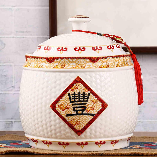 Traditional Chinese Style Large-Capacity Rice Pot, Ceramic Rice Bucket With Tassel Design, Airtight Storage Container For Rice, Grain, Snacks