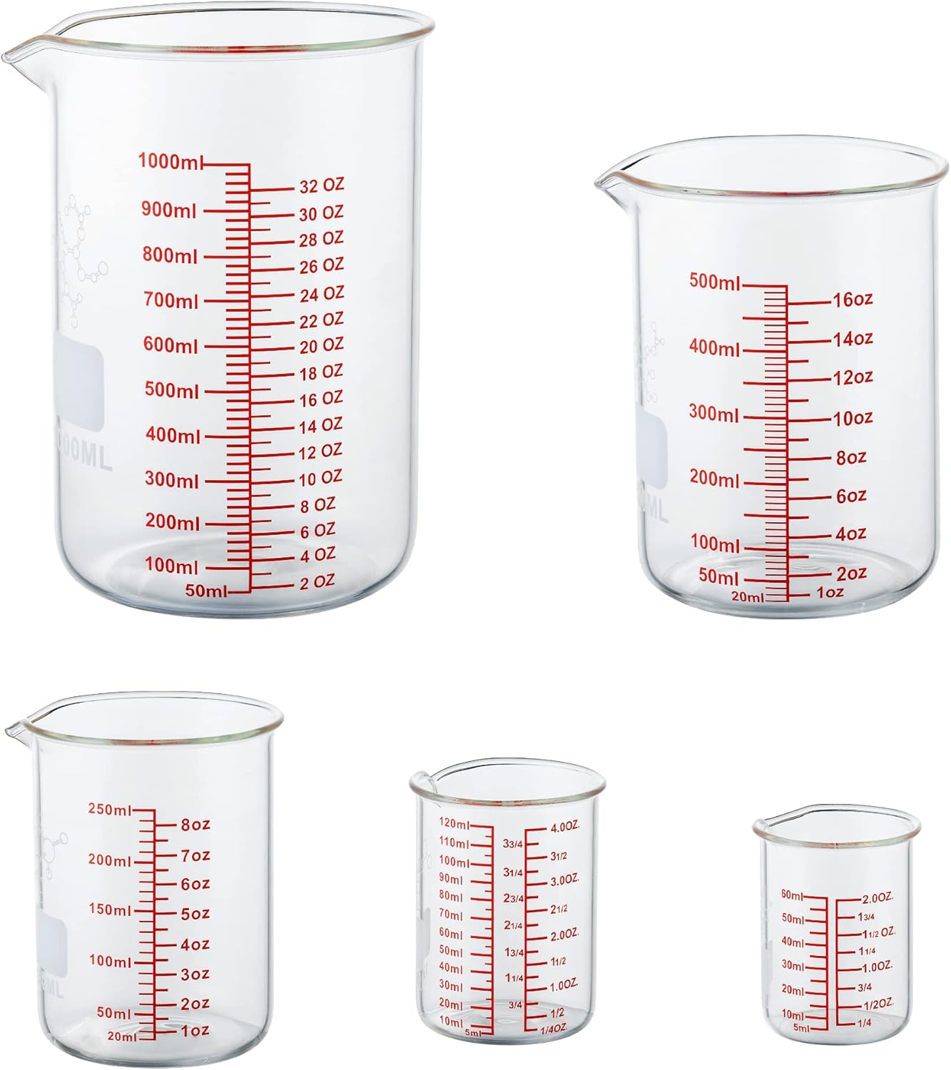 High Borosilicate Glass Measuring Cup Set-V-Shaped Spout,Includes 60ml(2OZ), 120ml(4OZ), 250ml(8OZ), 500ml(16OZ), and 1000ml (32OZ) for Kitchen or Restaurant, Easy to Read