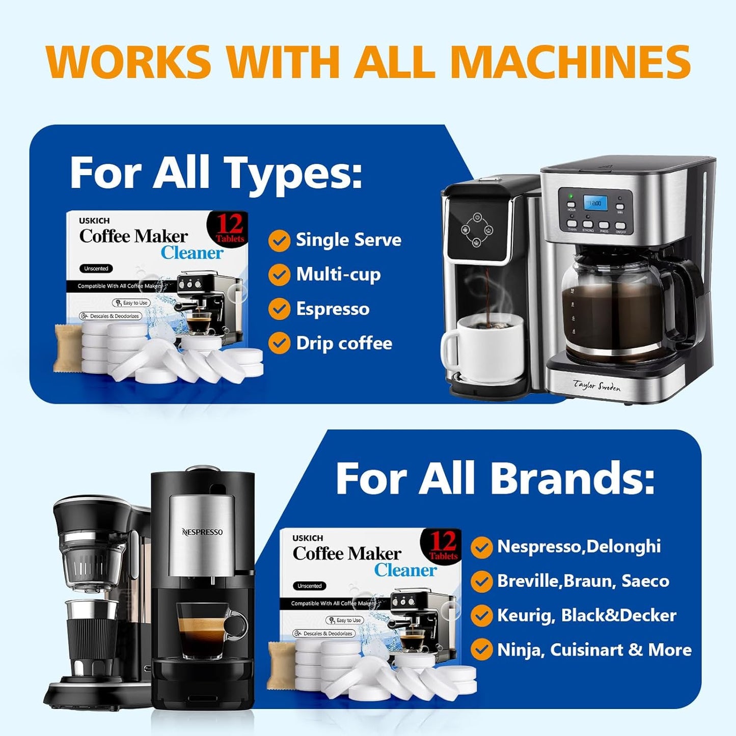Coffee Machine Cleaner Descaler Tablets 12 Pack, Coffee Maker Cleaner for Keurig, Ninja, Breville, Delonghi, Nespresso, Miele,Espresso Machine Cleaning Tabs,Descaling Solution for Coffee Pot Maker