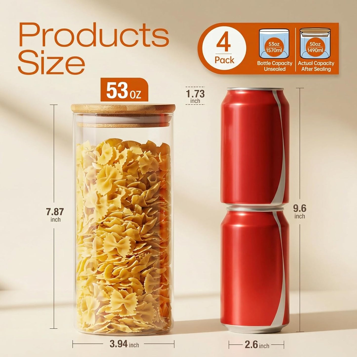53 oz Round Glass Food Storage Containers with Airtight Bamboo Lids, 4 Pack