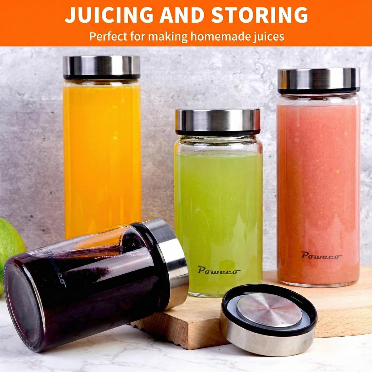 Glass Juice Bottles 4 Pack 10 oz - Wide Mouth Glass Water Bottles with Lids - for Juicing, Protein, Smoothie, Milk, Reusable, BPA Free, Stainless Steel Lids, Blender, Shaker Bottle (300ml)
