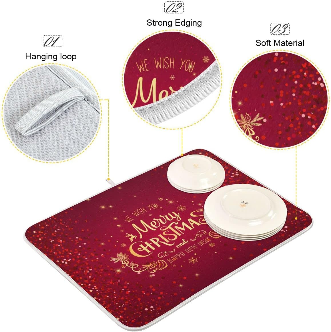 Merry Christmas Drying Mat for Kitchen Counter 16x18 Inch Christmas Dish Mat with Absorbent Reversible Microfiber Christmas Dish Drying Mat Dish Drainer Rack Pad Drainer Mat for Coffee Bar